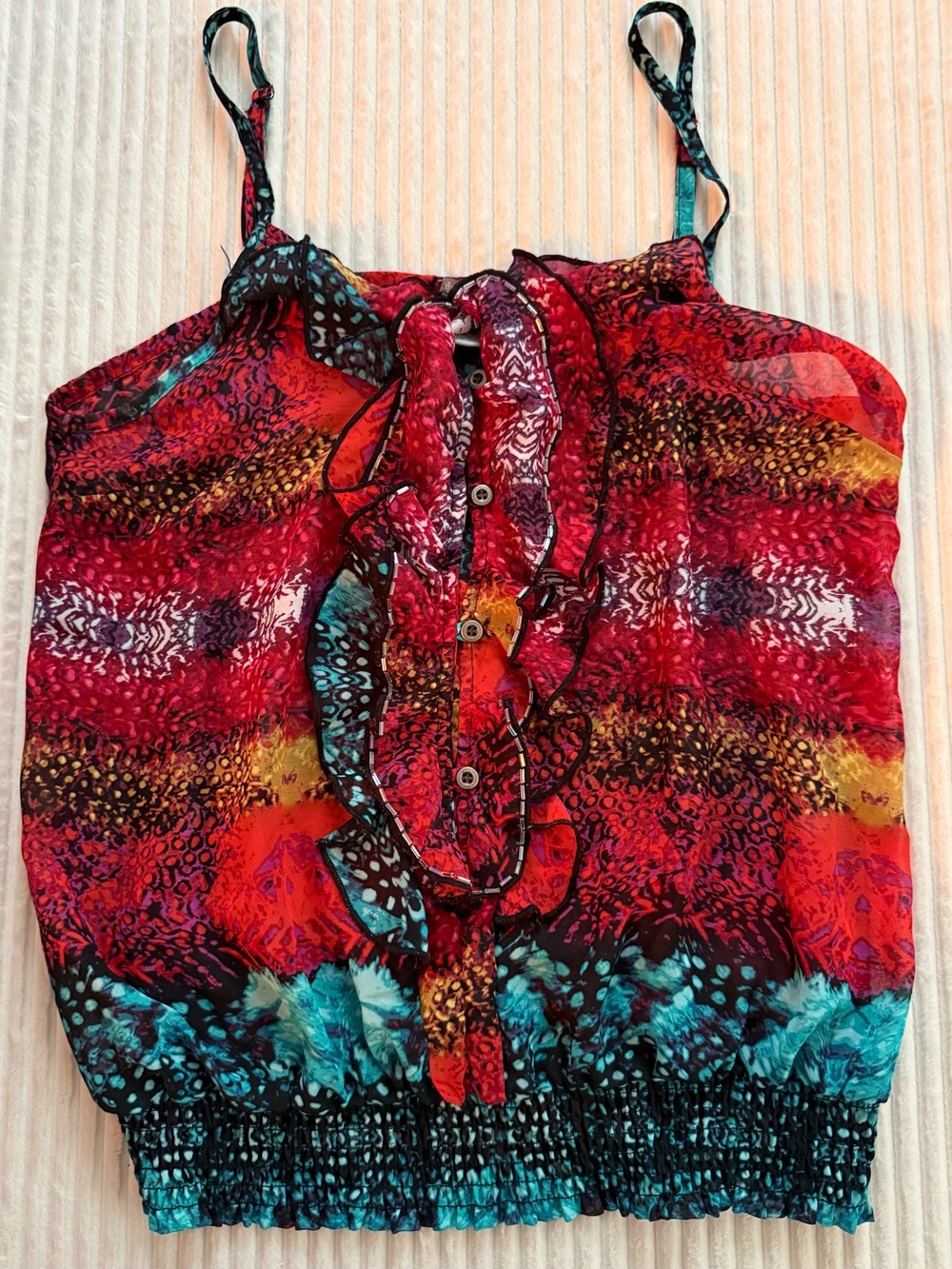 Beautiful Red & Teal Ruffle V-Neck Camisole with Buttons Size Medium